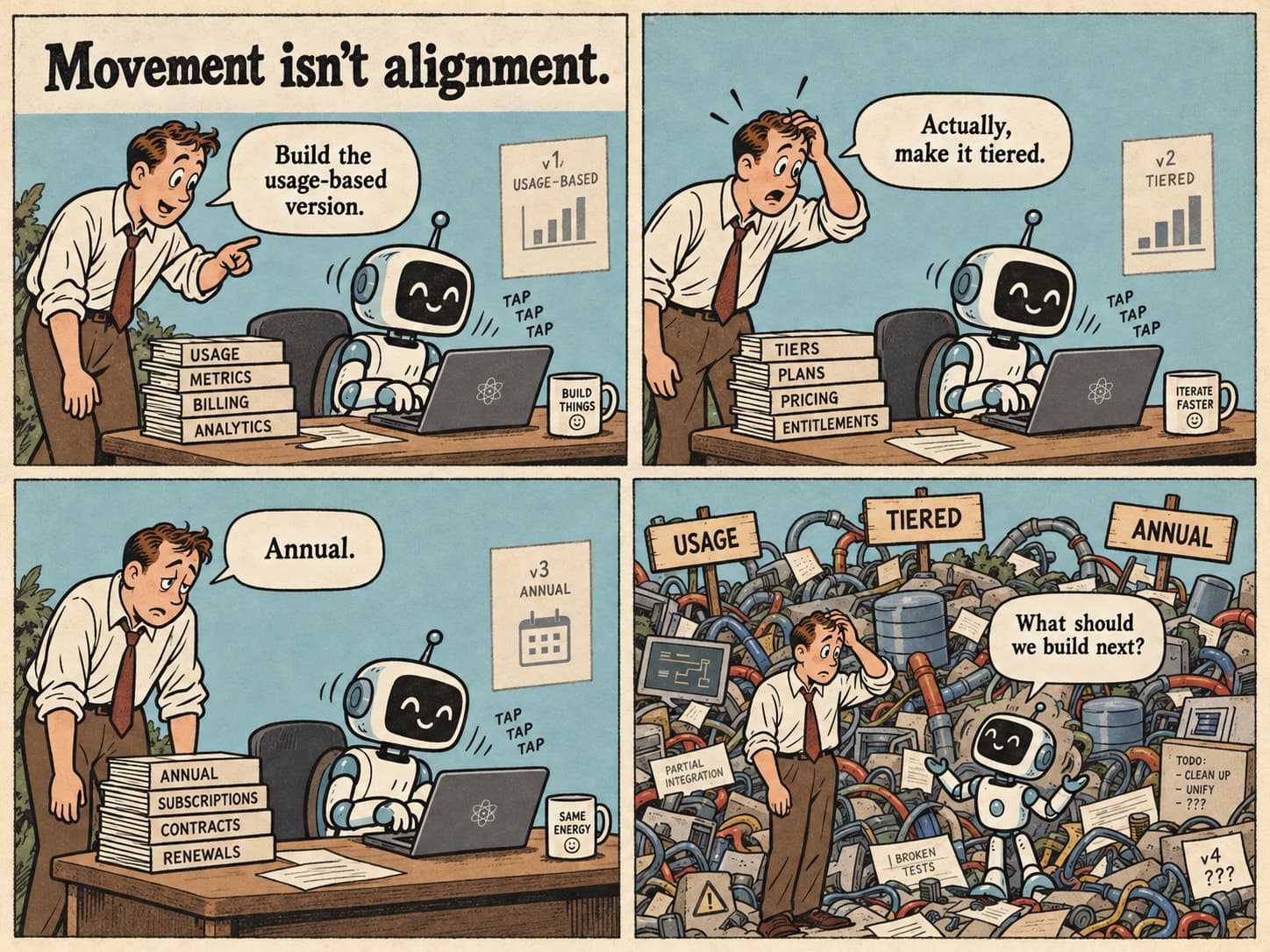 Four-panel cartoon titled “Movement isn’t alignment.” A manager asks for the usage-based version, then for tiered, then for annual, and the robot cheerfully rebuilds each one. In the final panel the two stand in a scrapheap under signs reading Usage, Tiered and Annual, strewn with broken tests and partial integrations, while the robot asks “What should we build next?”