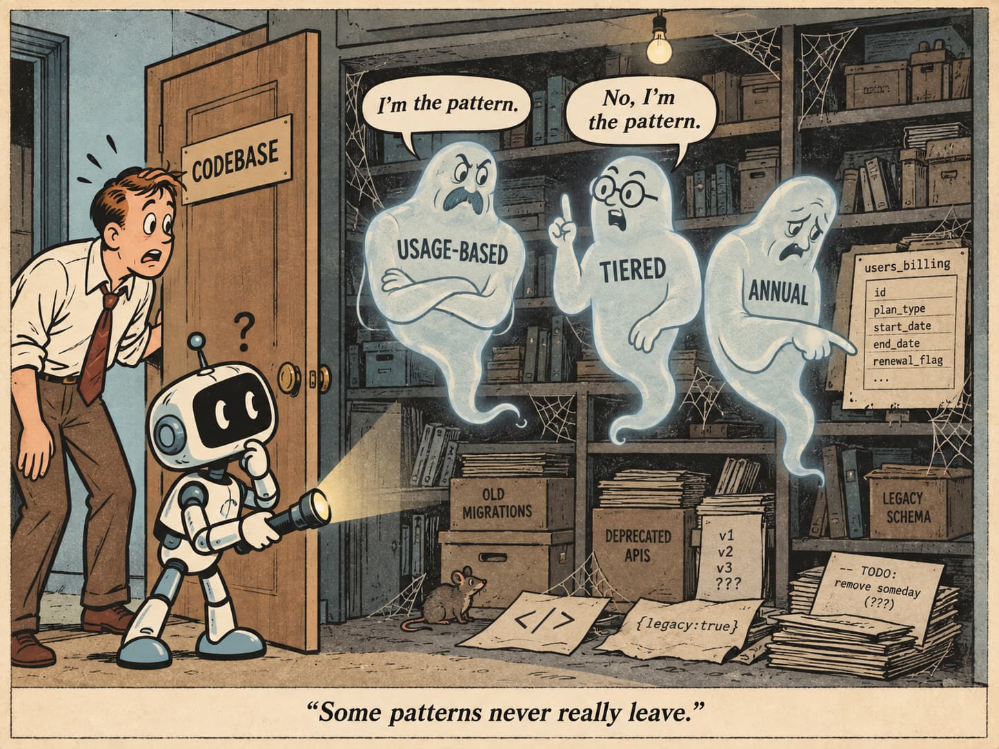 Cartoon: an engineer and a torch-carrying robot open a door marked “Codebase” onto a cluttered storeroom where three ghosts labelled Usage-based, Tiered and Annual argue over which one is the pattern, surrounded by boxes of old migrations, deprecated APIs and legacy schema and a note reading “TODO: remove someday.” Caption: “Some patterns never really leave.”