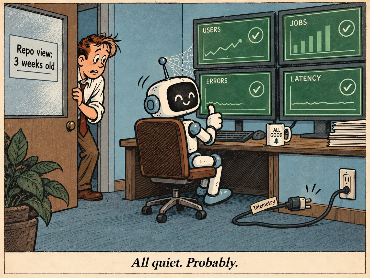 Cartoon: the cheerful robot gives a thumbs-up beside four green dashboards, while a loose plug labeled Telemetry lies behind its chair and a web spans its antenna. An uneasy engineer peers through a frosted doorway marked “Repo view: 3 weeks old”. Caption: “All quiet. Probably.”