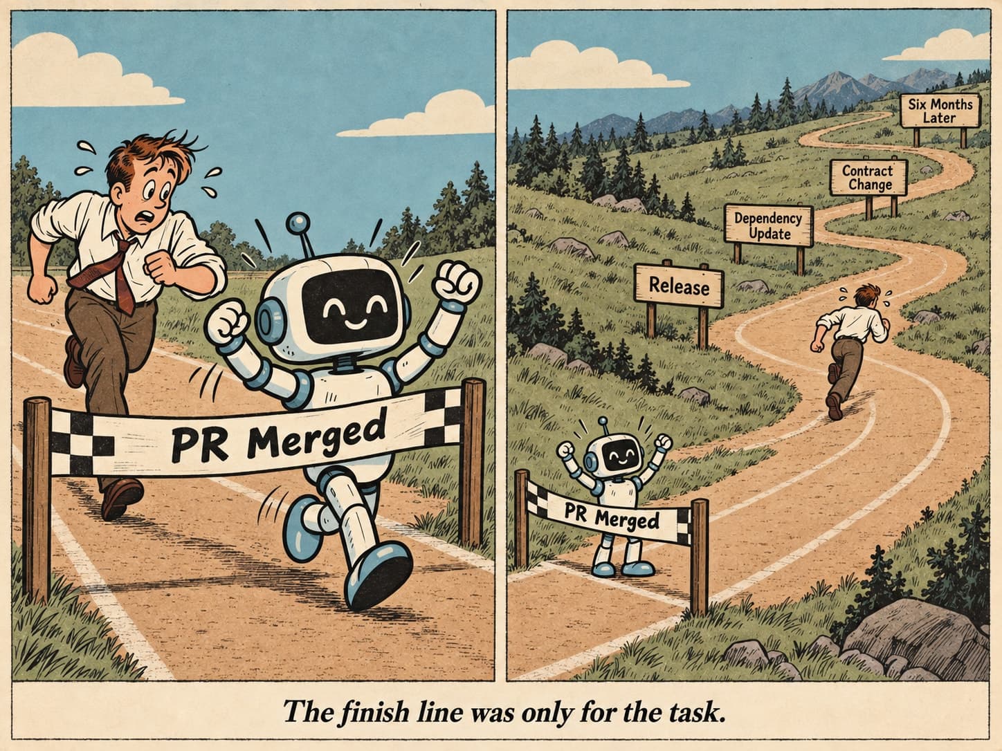 Two-panel cartoon: the cheerful robot celebrates at a PR Merged finish-line tape. In the wider view, the engineer runs alone along a track continuing past Release, Dependency Update, Contract Change and Six Months Later. Caption: “The finish line was only for the task.”