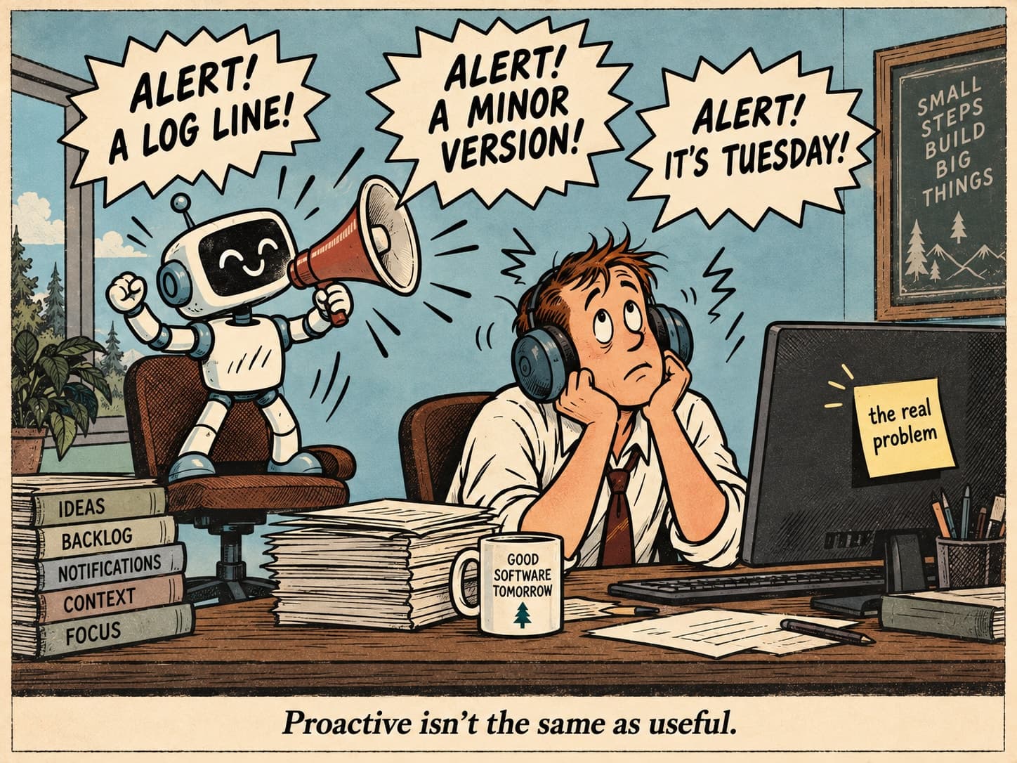 Cartoon: the cheerful robot stands on a chair with a megaphone, shouting “ALERT! A LOG LINE!”, “ALERT! A MINOR VERSION!” and “ALERT! IT’S TUESDAY!”. The engineer wears large earmuffs and stares at the ceiling; an ignored monitor sticky note reads “the real problem”. Caption: “Proactive isn’t the same as useful.”