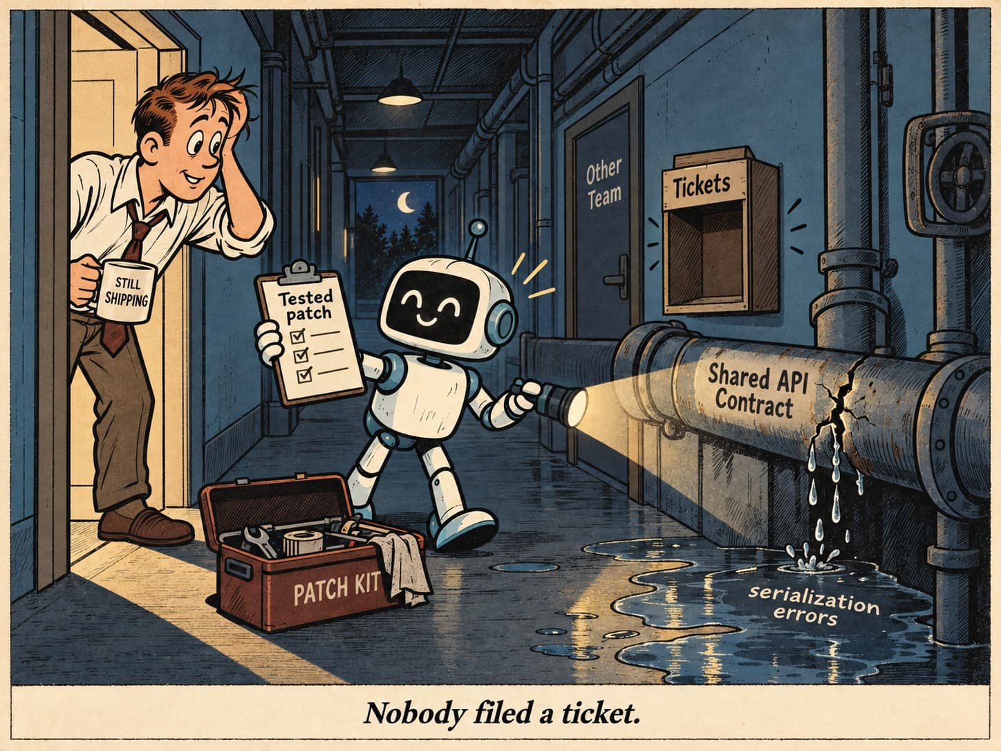 Cartoon: a cheerful robot inspects a cracked Shared API Contract pipe with a flashlight. Water labeled serialization errors pools below it. Beside a closed Other Team door, the Tickets box is empty. With a patch kit ready, the robot presents a Tested patch clipboard to the engineer. Caption: “Nobody filed a ticket.”