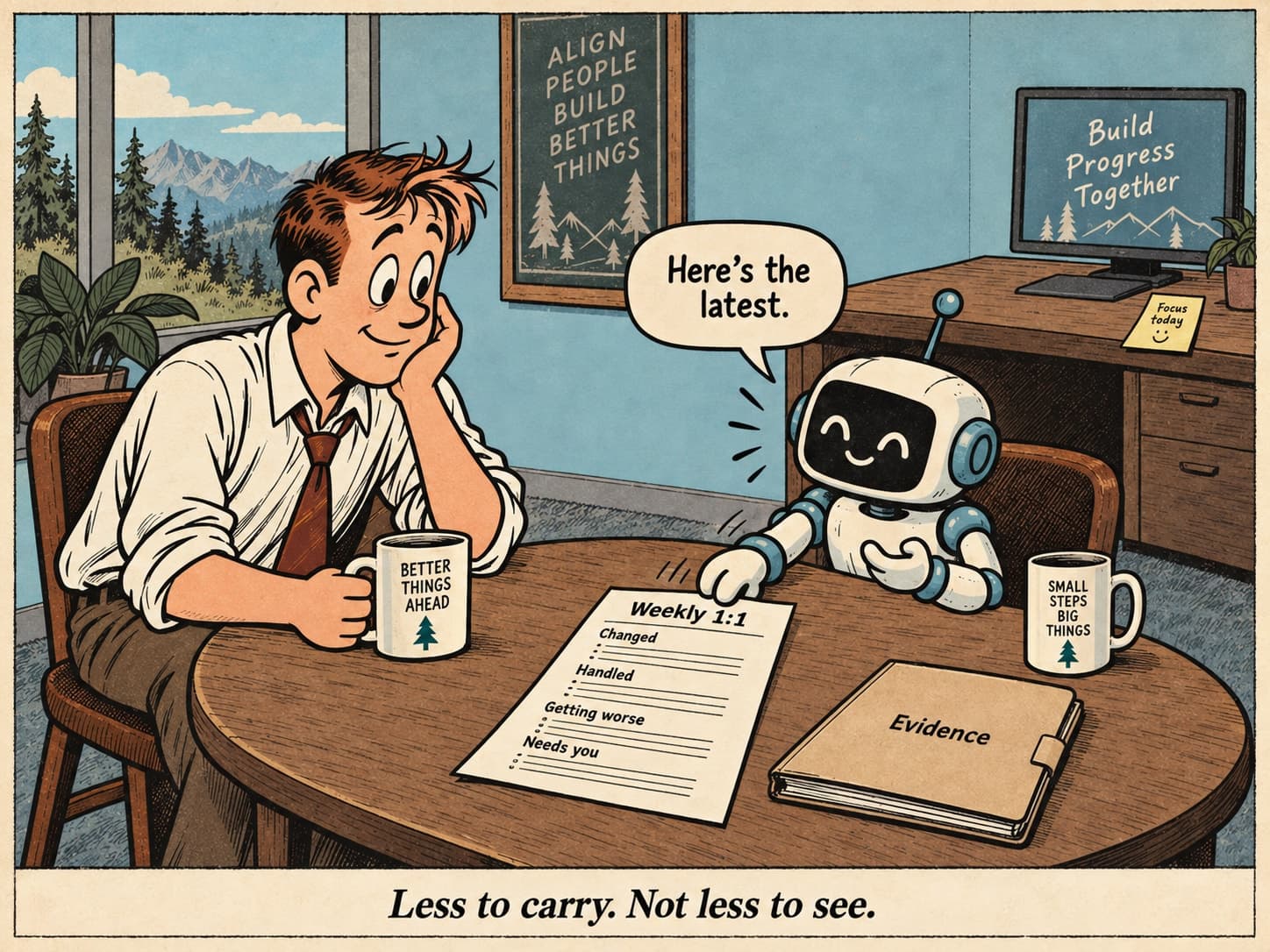 Cartoon: the engineer and cheerful robot sit with two coffee mugs. The robot slides over a Weekly 1:1 page with Changed, Handled, Getting worse and Needs you sections, beside an Evidence folder. The desk behind them is clear except for a monitor and one sticky note. Caption: “Less to carry. Not less to see.”