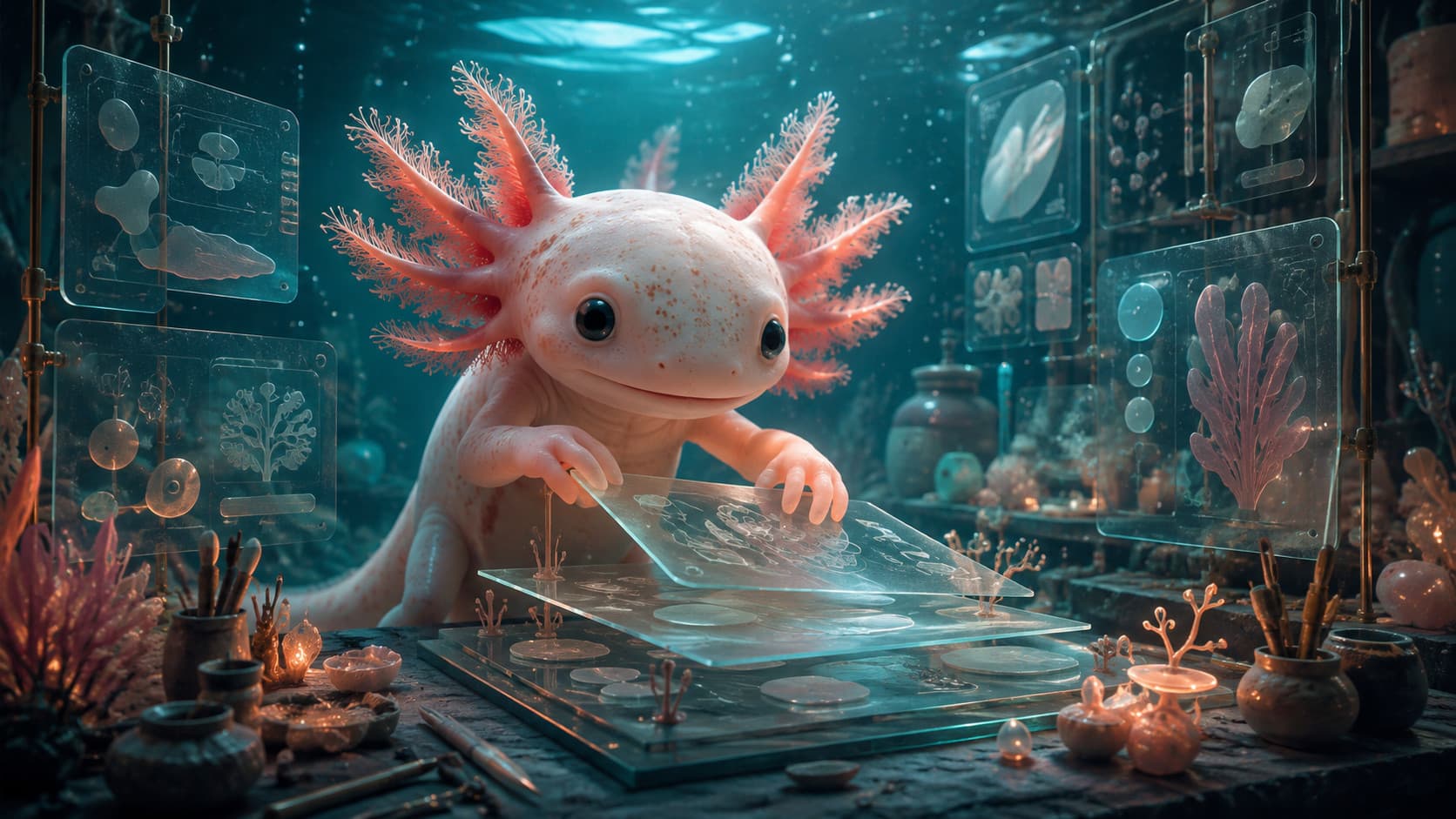 A coral axolotl arranging translucent interface studies in an underwater workshop