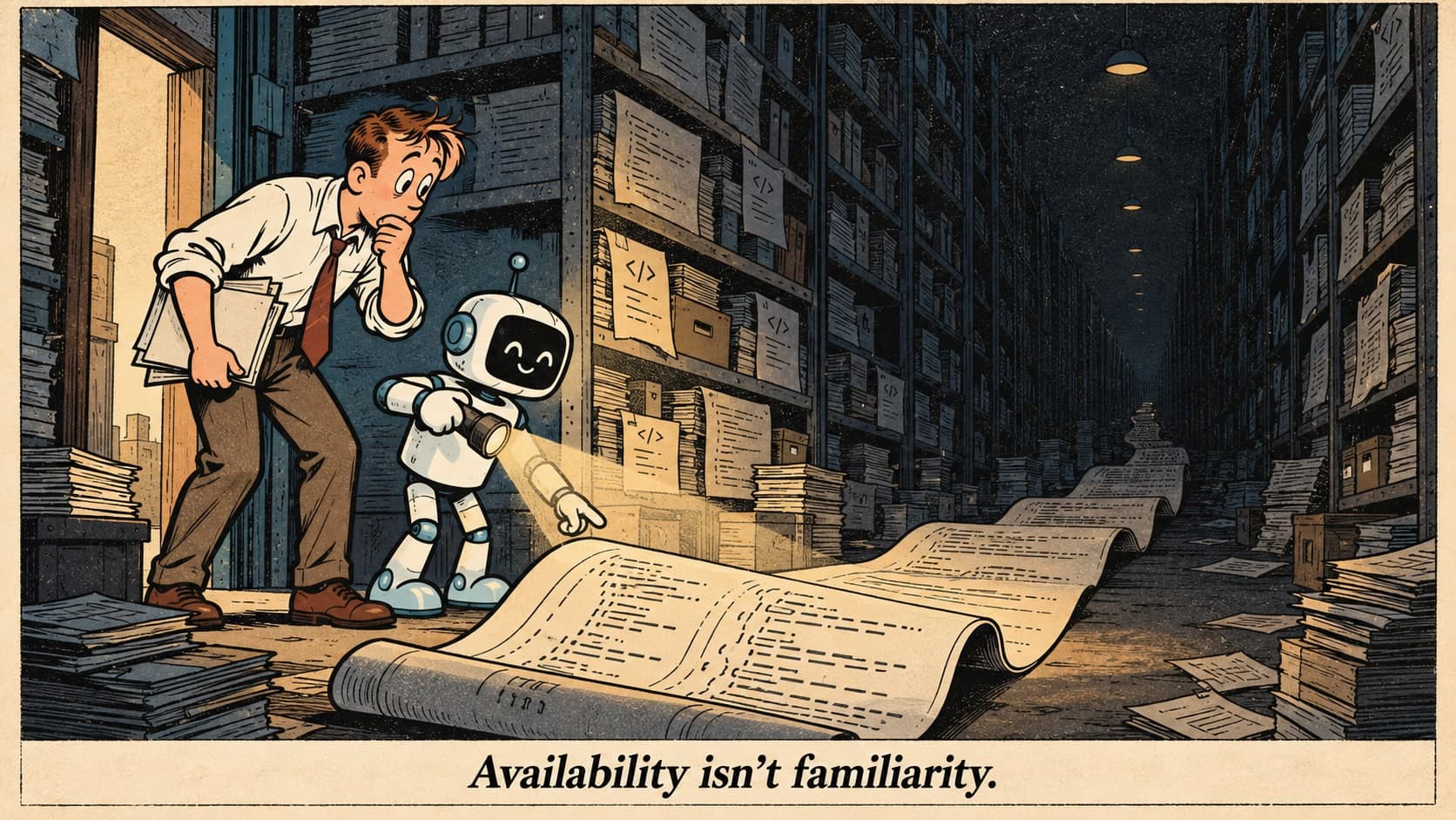 Cartoon: an engineer and a smiling robot shine a flashlight on a long scroll of code that stretches into a dark, crowded archive. Caption: “Availability isn’t familiarity.”