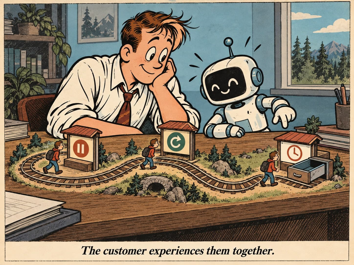 Cartoon: an engineer and a robot study a toy railway with pause, restart and timer stations leading to an empty drawer. A small traveler appears at each stage. Caption: “The customer experiences them together.”