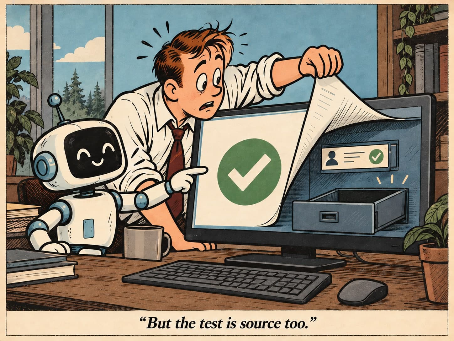 Cartoon: a robot points to a green check on a monitor while an engineer lifts the display to reveal a checked account card and an empty data drawer. Caption: “But the test is source too.”