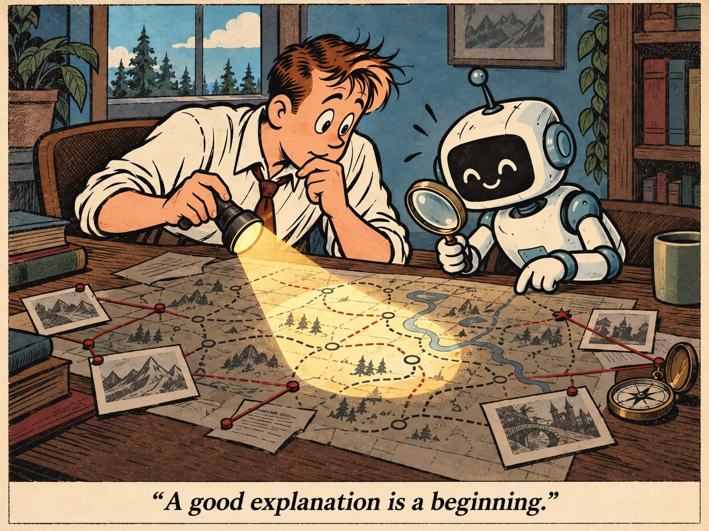 Cartoon: an engineer shines a flashlight on one part of a tangled map while a robot examines it with a magnifying glass. Evidence cards surround the map. Caption: “A good explanation is a beginning.”