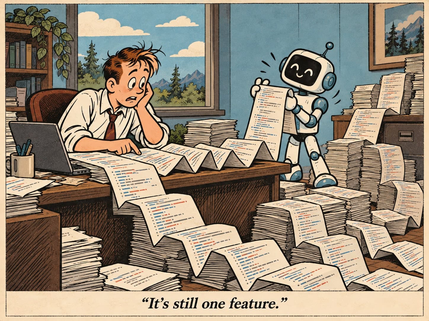 Cartoon: an engineer looks over a long folding strip of code while a cheerful robot holds one end. Stacks of pages fill the room. Caption: “It’s still one feature.”