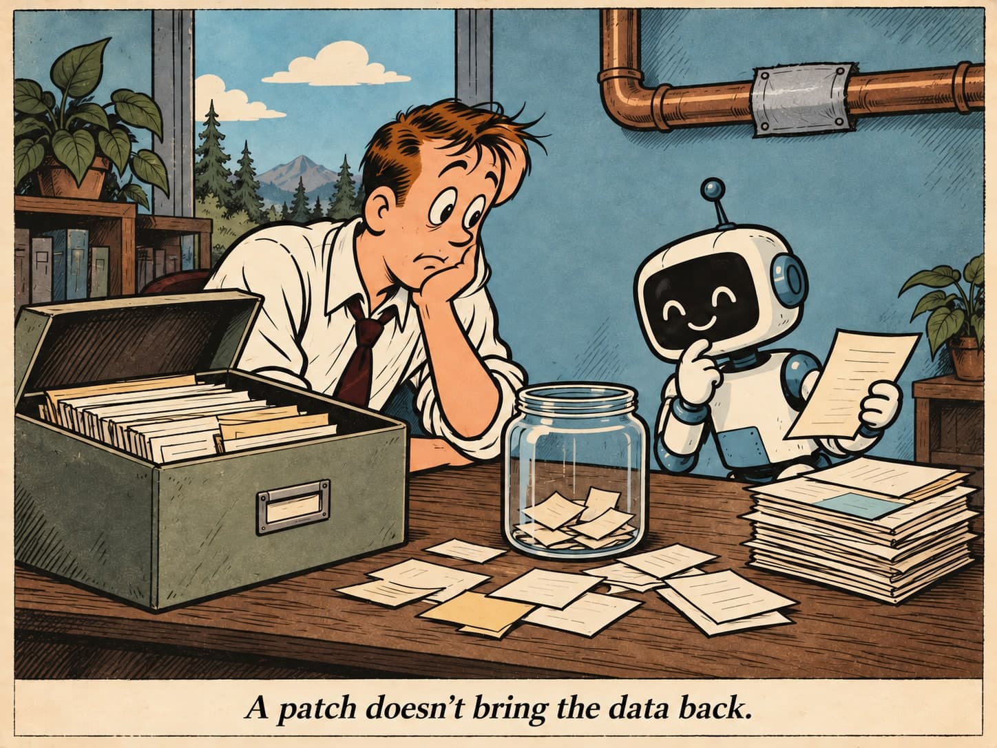Cartoon: an engineer and a robot consider an old box of files and newer papers beside a partly empty jar. A pipe above them has been patched. Caption: “A patch doesn’t bring the data back.”