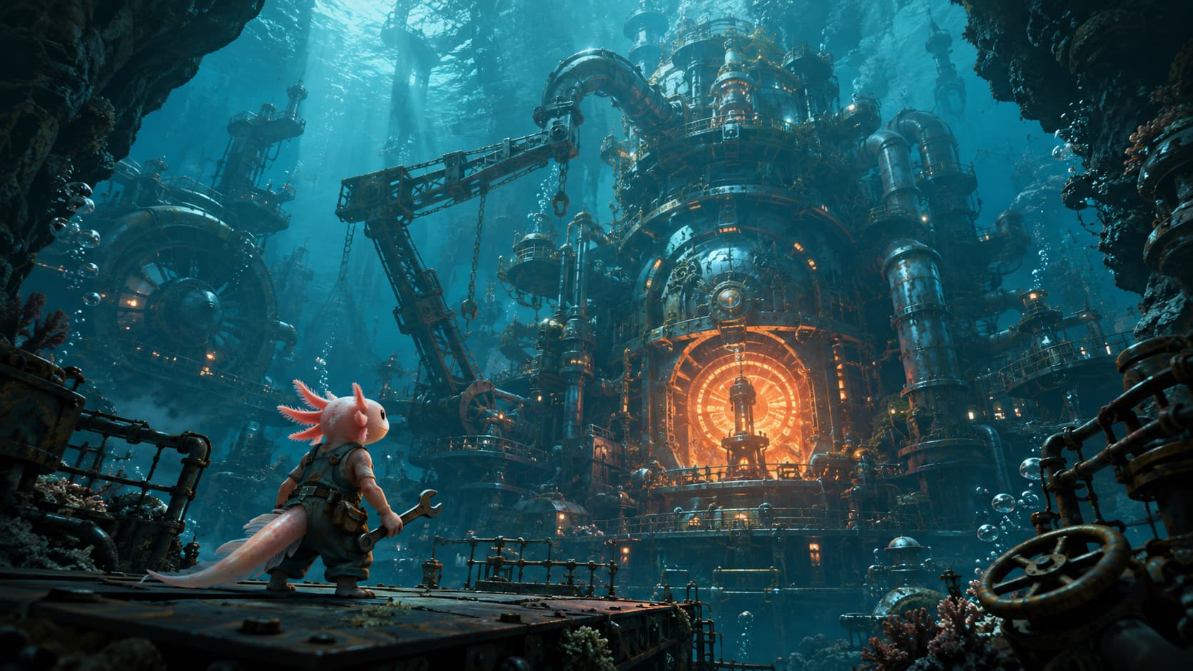 A coral axolotl mechanic facing a colossal submerged industrial forge