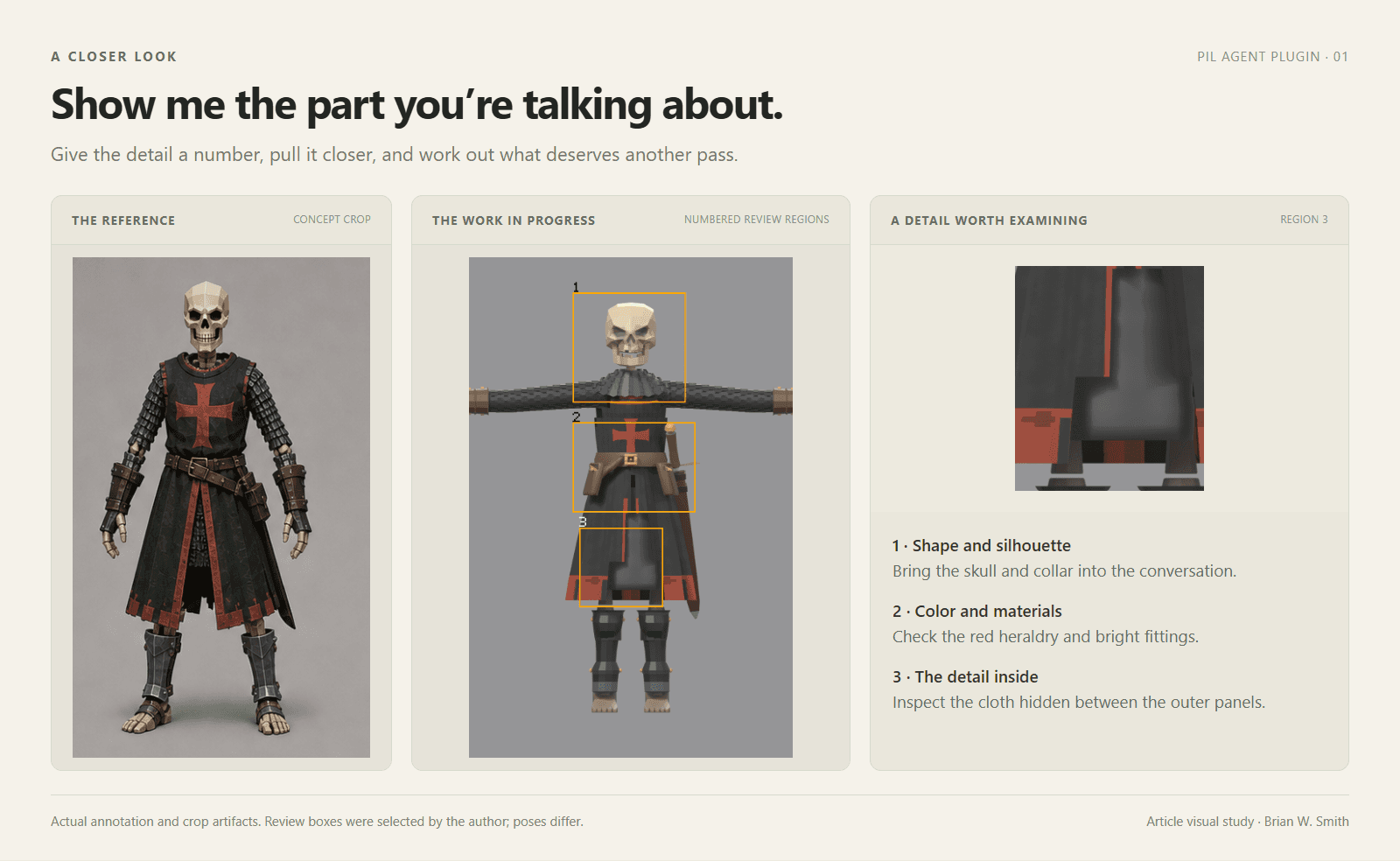 The skeleton-warrior reference beside a render with three numbered review regions and an enlarged inner-cloth crop.