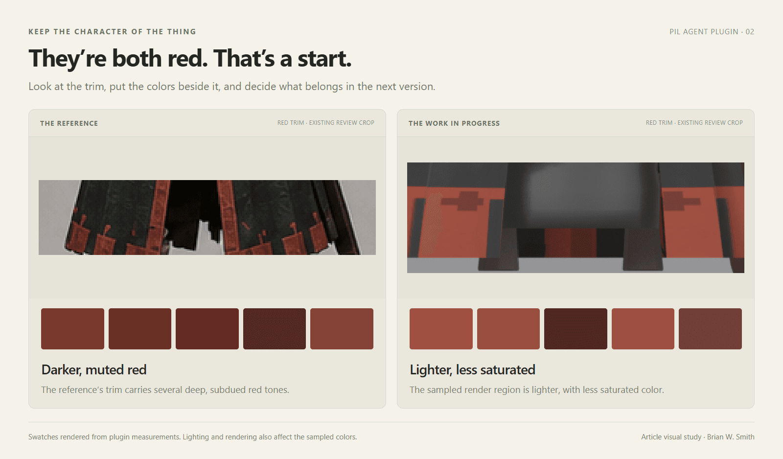 Enlarged red-trim details from the concept and render, with measured accent colors displayed as swatches.