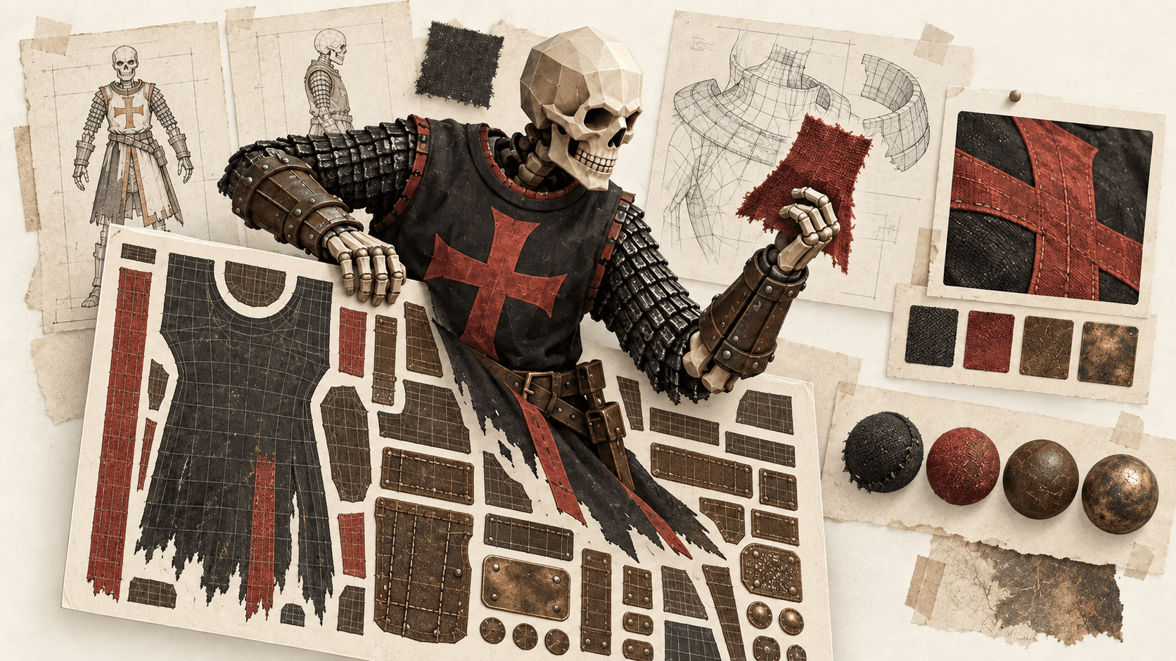 Editorial illustration of the skeleton warrior surrounded by character sketches, texture studies, a collar wireframe, and material samples.